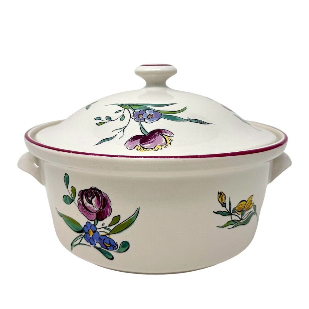 Vestal Porcelain A Feu Casserole Dish w/ Lid Strasbourg France Floral Pottery